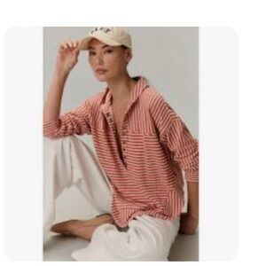 Pilcro Red and White Striped Button Down Shirt
